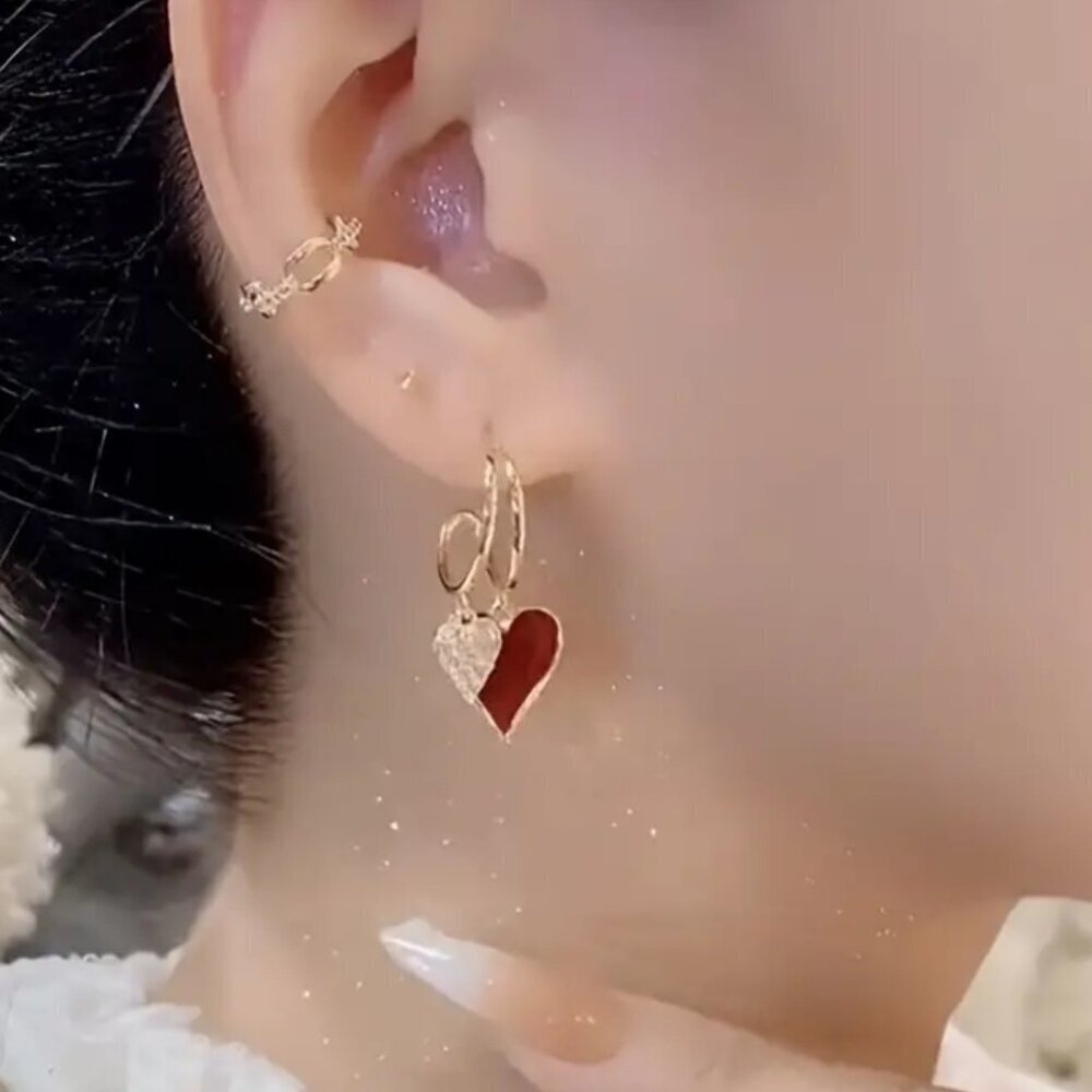 NEW chic red heart dangle earrings, layered earrings, gold and red heart jewelry - Picture 2 of 3